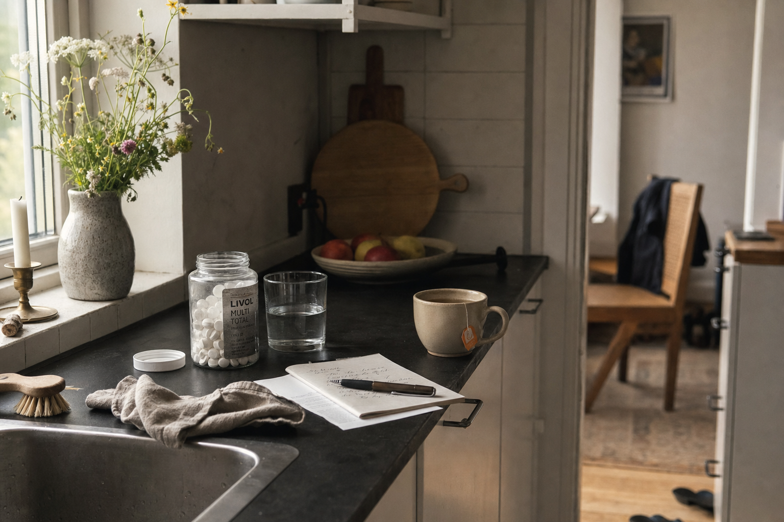 Glas med tabletter, et glas vand, en notesbog med pen og en kop te på et dansk køkkenbord med vilde blomster og varmt morgenlys