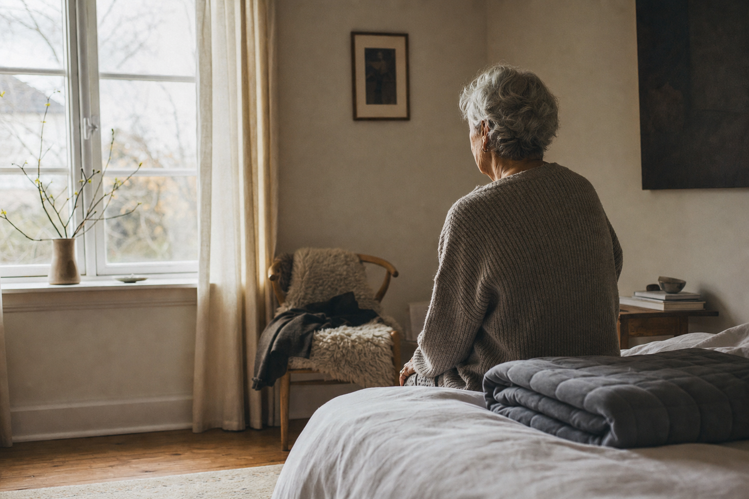 Ældre kvinde med grå strikbluse sidder på sengekanten og kigger ud ad vinduet, en foldet grå tyngdedyne ligger ved fodenden, blødt morgenlys gennem hvide gardiner